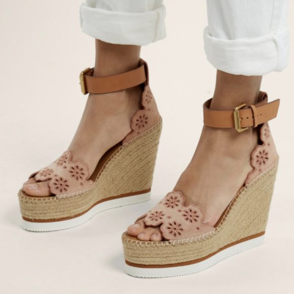 See by Chloé Kristy/ GLYN Floral LaserCut Suede Platform Espadrille Wedge  Sandal